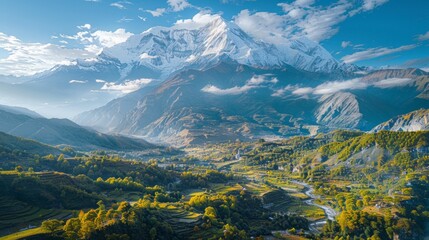 Wall Mural - Aerial view of the Annapurna Circuit in Nepal, showcasing the trekking route through the majestic Himalayan mountain range with its snow-capped peaks and lush valleys.     