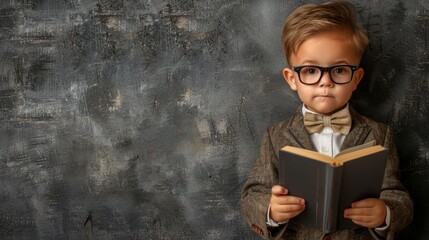 Wall Mural -  A young boy in glasses and a bowtie, holding a book in front of him and gazing intently at the camera