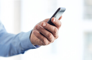 Poster - Hands, social media and typing with smartphone in office for communication, research or chat. Cellphone, networking and person for mobile support, searching and technology or internet browsing online