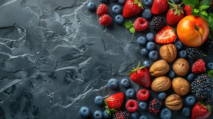 Wall Mural - Various fresh berries on dark background, top view. Healthy food concept. Copy space.