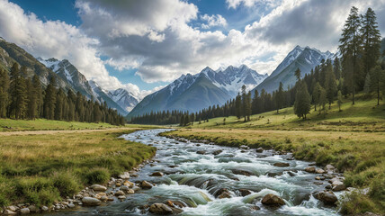 Glacial River Flowing Through Alpine Meadow Landscape Wallpaper