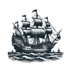 Canvas Print - The old vintage ancient ship. Black white vector illustration logo.