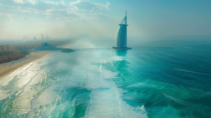 Wall Mural - Aerial view of the Burj Al Arab in Dubai, UAE, with its iconic sail-shaped structure set against the backdrop of the Arabian Gulf.     
