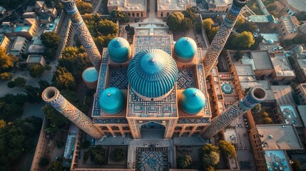 Wall Mural - Aerial view of the Bibi-Khanym Mosque in Samarkand, Uzbekistan, with its grand blue domes and intricate tilework set against a vibrant cityscape.     
