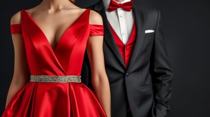  A man in a black tuxedo stands next to a woman in a red dress and a tuxedo