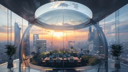 Wall Mural - A high-rise office designed with a transparent dome on the rooftop for events.