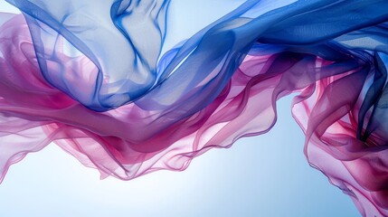 Wall Mural -  A tight shot of a multicolored scarf - blue, pink, and purple - fluttering in the wind against a backdrop of a clear blue sky