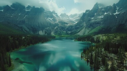 Wall Mural - Aerial view of the Canadian Rockies, featuring towering peaks, glacial lakes, and dense pine forests stretching into the distance.     