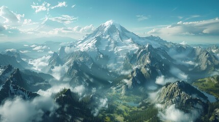 Wall Mural - Aerial view of the Mount Rainier in Washington, USA, showcasing the snow-capped peak, glaciers, and surrounding alpine meadows.     