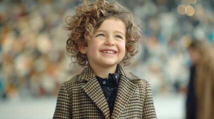 Wall Mural -  A child with curly hair wears a coat and smiles at the camera in this close-up image Others are present in the background