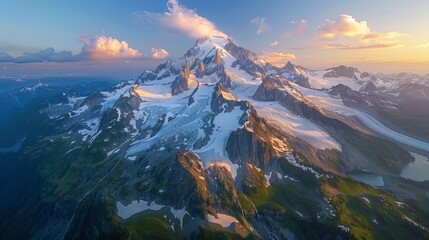Canvas Print - Aerial view of the Mount Shuksan in Washington, USA, featuring the snow-covered peak, surrounding glaciers, and alpine meadows.     