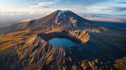 Canvas Print - Aerial view of the Mount Ngauruhoe in New Zealand, showcasing the symmetrical volcanic cone and the surrounding rugged terrain.     