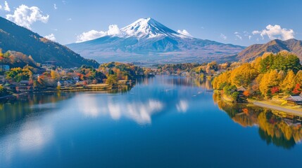 Sticker - Aerial view of Mount Fuji in Japan, with its snow-capped peak and the serene Lake Kawaguchi reflecting the mountain.     