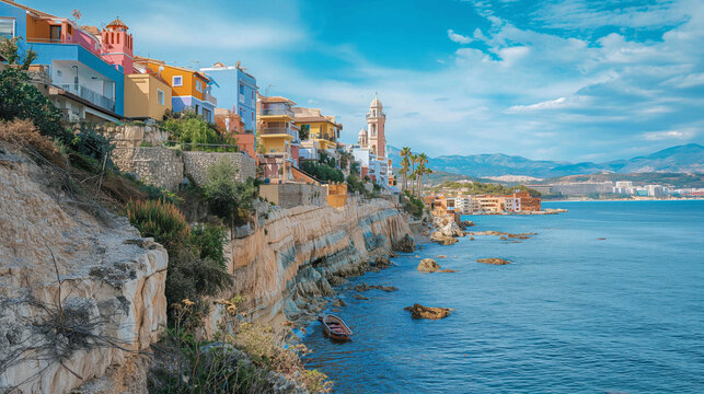 A seaside village with colorful buildings on a rocky cliff overlooking the ocean.