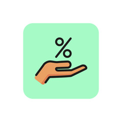 Sticker - Percentage on hand line icon. Interest, offer, discount. Loan concept. Can be used for topics like banking, interest rate, retail.