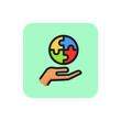 Round puzzle on human hand line icon. Jigsaw, circle, part. Management concept. Can be used for topics like challenge, integrity, problem solving.
