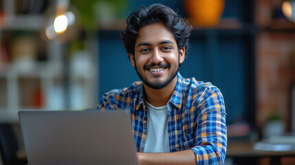 Wall Mural - happy indian student using laptop