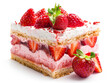 A slice of strawberry cake with whipped cream and strawberries on top