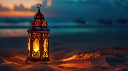 Wall Mural - Arabic lamp with colorful light on the sandy beach with the night scene background