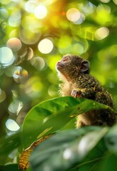 Wall Mural - Enchanting image of a Western pygmy marmoset amidst lush green foliage, the sparkling bokeh background adding depth and magic to the scene. 