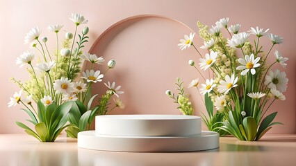 Wall Mural - 3d render, abstract background, round podium for product presentation, spring flowers, white petals