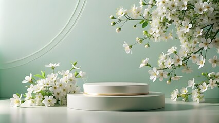 Wall Mural - 3d render, abstract background, round podium for product presentation, spring flowers, white petals