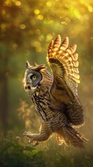 Wall Mural - Charming portrayal of a Great gray owl spreading its wings in the first light of day, its majestic form illuminated by the golden hues of dawn, with bokeh green background adding a touch of magic.