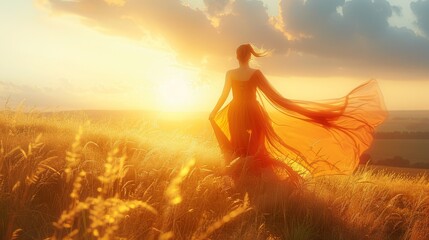 Wall Mural -  A woman in a long dress stands amidst tall grasses; the wind billows her skirt as the sun sinks