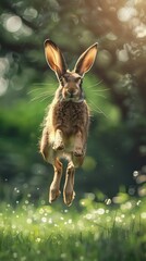 Wall Mural - Endearing close-up of European hares in mid-flight, their ears perked and eyes bright against a backdrop of sparkling bokeh lights dancing in the greenery. 