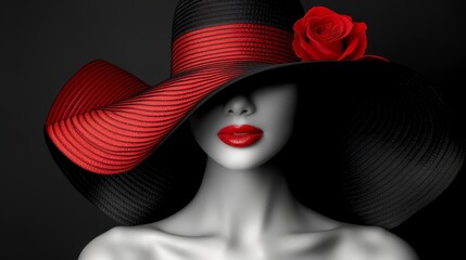  A woman dons a large black hat adorned with a red rose on each side, and one atop