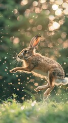 Poster - Endearing close-up of European hares in mid-flight, their ears perked and eyes bright against a backdrop of sparkling bokeh lights dancing in the greenery. 