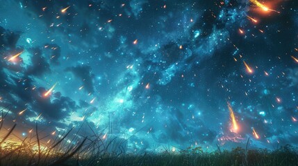 Wall Mural - during the day meteors blaze across the sky resembling fiery balls against the backdrop of the vibra