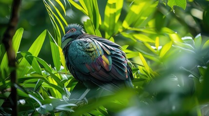 Wall Mural - Dynamic composition of a Nicobar pigeon perched amidst the vibrant greenery of the tropical rainforest, its exquisite plumage and natural camouflage creating a mesmerizing scene.