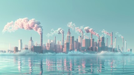 Wall Mural - Climate Change: A 3D vector illustration of a city skyline with smokestacks emitting pollution