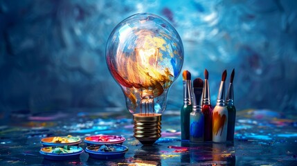 Wall Mural - Creativity and Design: A 3D vector illustration of a lightbulb with a palette and paint tubes inside