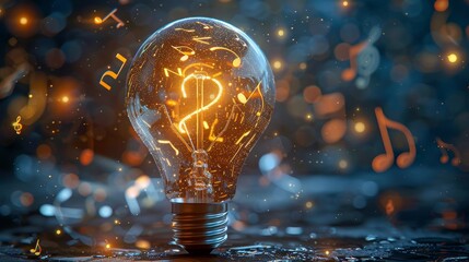Wall Mural - Creativity and Design: A 3D vector illustration of a lightbulb with musical notes and instruments inside