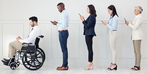 Wall Mural - Group, interview and person with a disability in wheelchair at office as candidates for job opportunity or people for inclusion. Staff, community and employees at company in recruitment on technology