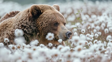 Canvas Print - Close-up of a brown bear immersed in the beauty of its natural habitat, its furry coat blending seamlessly with the fluffy white cotton grass.