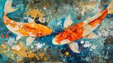 A contemporary design that blends abstract elements and watercolor koi fish with classic Asian motifs, suitable for modern and traditional decor