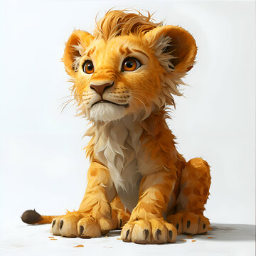 Lion cub sits on a white background. 3D rendering.