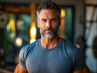 Canvas Print - A man with a beard and grey shirt standing in a gym.