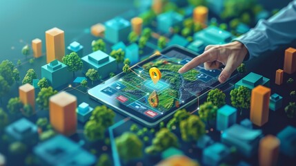 Geographic Information System (GIS): A 3D vector illustration of a person using a tablet to interact with a digital map