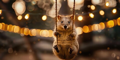 Wall Mural - Dynamic composition capturing the sheer delight of a quokka on a swing, with bokeh lights twinkling in the background, creating a magical atmosphere of happiness.