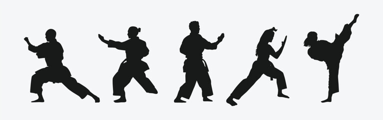 Wall Mural - Set of silhouettes of karateka, male and female athletes. Martial arts, competition, fighting. Different pose, movement on isolated background. Vector illustration.