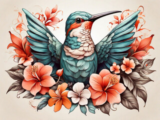 Beautiful tropical bird on exotic flowers in vintage style hummingbirds on white background Elegant tattoo design