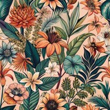 Fototapeta  - Seamless pattern of vintage botanical prints arranged in a collage, Generative AI