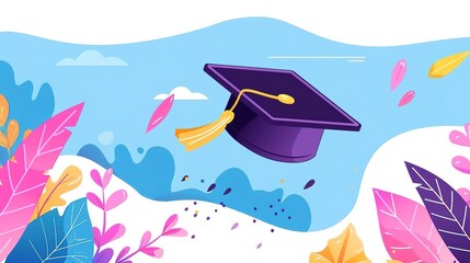 Wall Mural - A graduation cap flies through the air, surrounded by colorful leaves