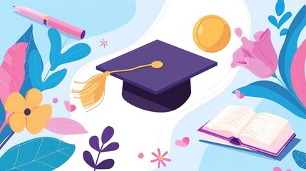 Wall Mural - A graduation cap and a book are placed on a blue background. The cap is decorated with a tassel and a gold coin. The book is open and there are some flowers and leaves around it.