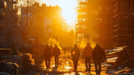 A group of construction workers are walking down a street in the evening