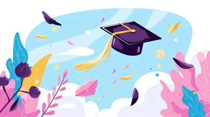 Wall Mural - A graduation cap flies through the air, surrounded by colorful confetti and flowers